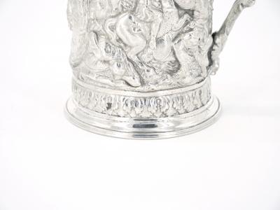 19th Century English Silverplate Barware Mug Depicting Knights in Battle