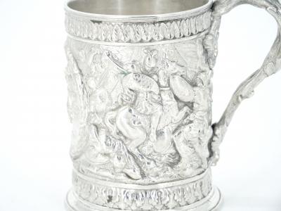 19th Century English Silverplate Barware Mug Depicting Knights in Battle