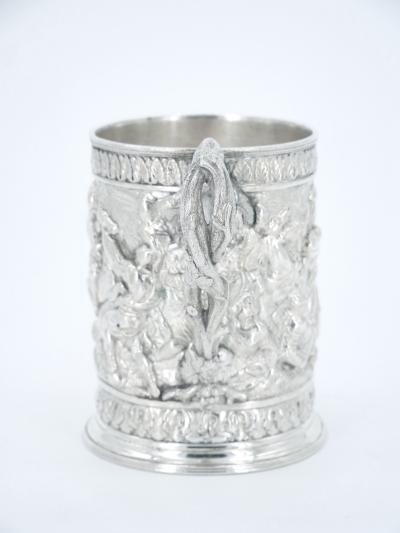 19th Century English Silverplate Barware Mug Depicting Knights in Battle