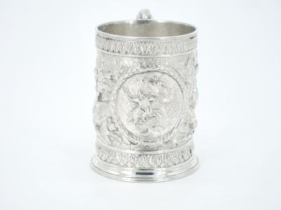 19th Century English Silverplate Barware Mug Depicting Knights in Battle