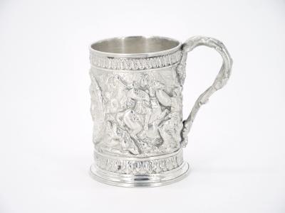19th Century English Silverplate Barware Mug Depicting Knights in Battle