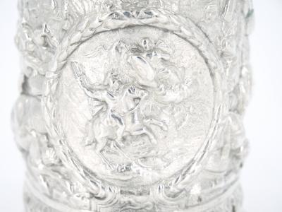 19th Century English Silverplate Barware Mug Depicting Knights in Battle