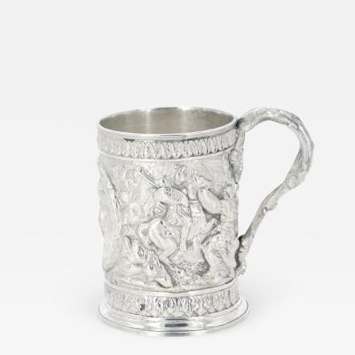 19th Century English Silverplate Barware Mug Depicting Knights in Battle
