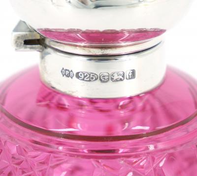 19th Century English Sterling Silver Top Cranberry Cut Glass Perfume Bottle