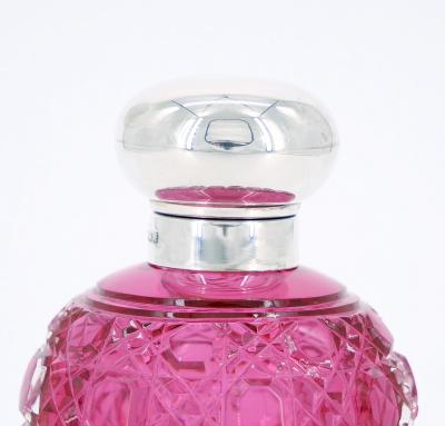 19th Century English Sterling Silver Top Cranberry Cut Glass Perfume Bottle