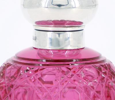 19th Century English Sterling Silver Top Cranberry Cut Glass Perfume Bottle