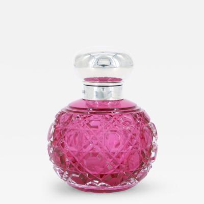 19th Century English Sterling Silver Top Cranberry Cut Glass Perfume Bottle