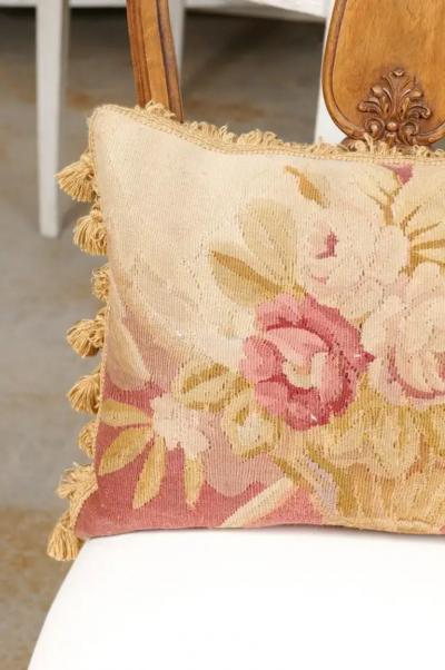 19th Century French Aubusson Tapestry Pillow with Floral Basket and Tassels