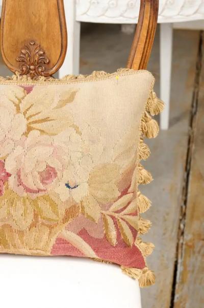 19th Century French Aubusson Tapestry Pillow with Floral Basket and Tassels