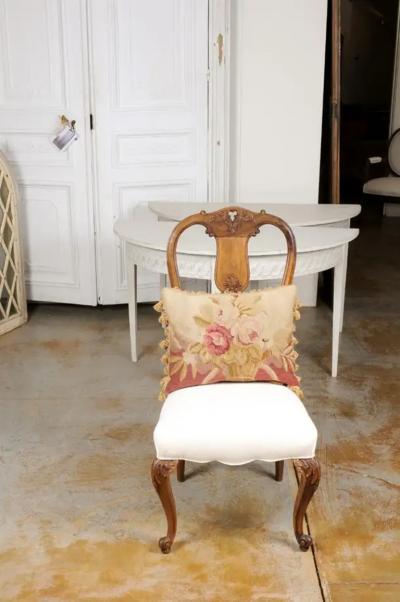 19th Century French Aubusson Tapestry Pillow with Floral Basket and Tassels