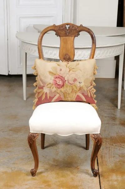 19th Century French Aubusson Tapestry Pillow with Floral Basket and Tassels