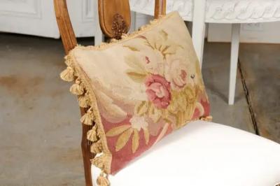19th Century French Aubusson Tapestry Pillow with Floral Basket and Tassels