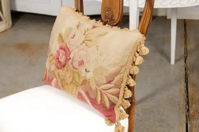 19th Century French Aubusson Tapestry Pillow with Floral Basket and Tassels