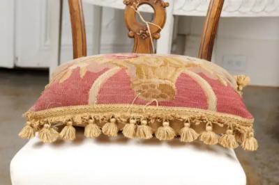 19th Century French Aubusson Tapestry Pillow with Floral Basket and Tassels