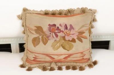 19th Century French Aubusson Tapestry Pillow with Purple Flowers and Tassels