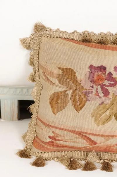 19th Century French Aubusson Tapestry Pillow with Purple Flowers and Tassels