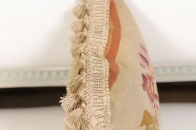 19th Century French Aubusson Tapestry Pillow with Purple Flowers and Tassels