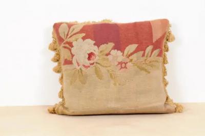 19th Century French Aubusson Tapestry Pillow with Roses and Tassels