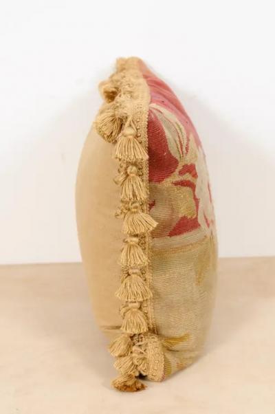 19th Century French Aubusson Tapestry Pillow with Roses and Tassels