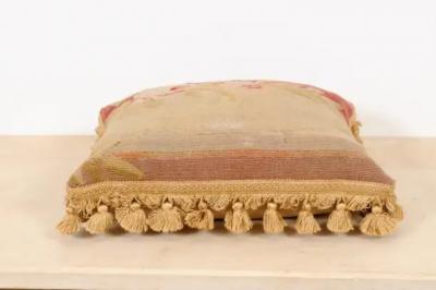 19th Century French Aubusson Tapestry Pillow with Roses and Tassels