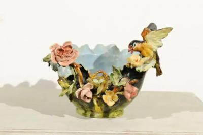 19th Century French Barbotine Covered Bowl with Bird and Bird Nest D cor