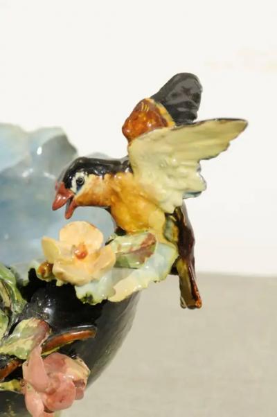 19th Century French Barbotine Covered Bowl with Bird and Bird Nest D cor