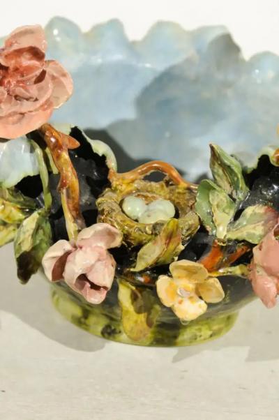 19th Century French Barbotine Covered Bowl with Bird and Bird Nest D cor