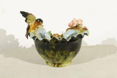19th Century French Barbotine Covered Bowl with Bird and Bird Nest D cor