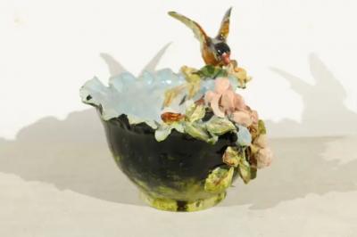 19th Century French Barbotine Covered Bowl with Bird and Bird Nest D cor