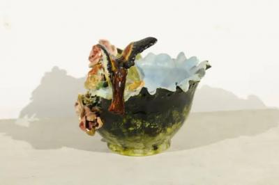 19th Century French Barbotine Covered Bowl with Bird and Bird Nest D cor