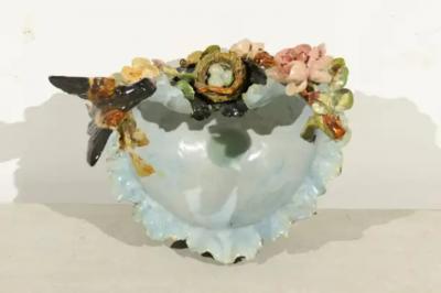 19th Century French Barbotine Covered Bowl with Bird and Bird Nest D cor