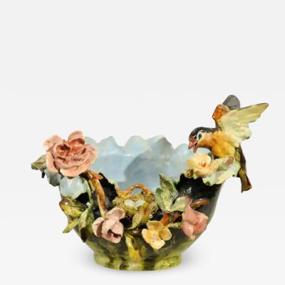 19th Century French Barbotine Covered Bowl with Bird and Bird Nest D cor
