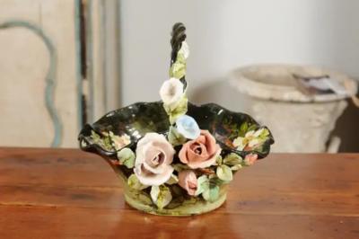 19th Century French Barbotine Jardini re Basket with High Relief Pastel Flowers