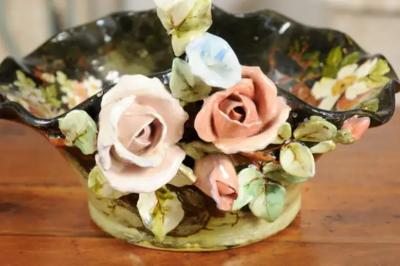 19th Century French Barbotine Jardini re Basket with High Relief Pastel Flowers