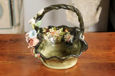 19th Century French Barbotine Jardini re Basket with High Relief Pastel Flowers