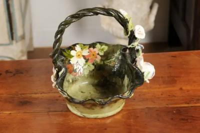 19th Century French Barbotine Jardini re Basket with High Relief Pastel Flowers