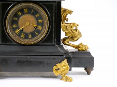 19th Century French Bronze Black Marble Figural Mantel Clock