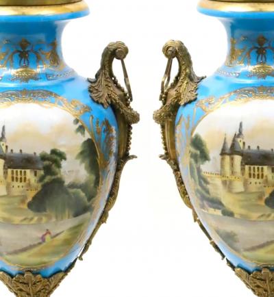 19th Century French Bronze Mounted Porcelain Covered Urns Robin s Egg Blue