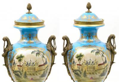 19th Century French Bronze Mounted Porcelain Covered Urns Robin s Egg Blue