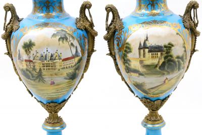 19th Century French Bronze Mounted Porcelain Covered Urns Robin s Egg Blue
