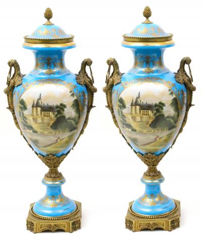 19th Century French Bronze Mounted Porcelain Covered Urns Robin s Egg Blue