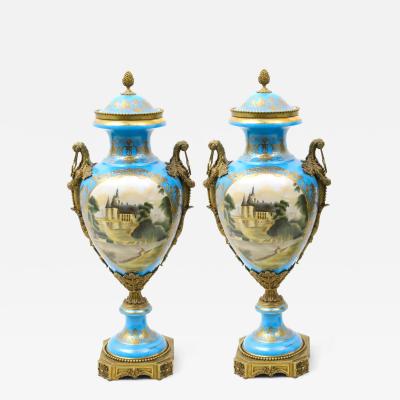 19th Century French Bronze Mounted Porcelain Covered Urns Robin s Egg Blue