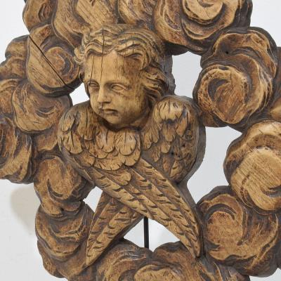 19th Century French Carved Oak Winged Angel Head in Clouds Ornament