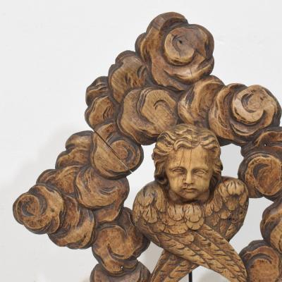 19th Century French Carved Oak Winged Angel Head in Clouds Ornament