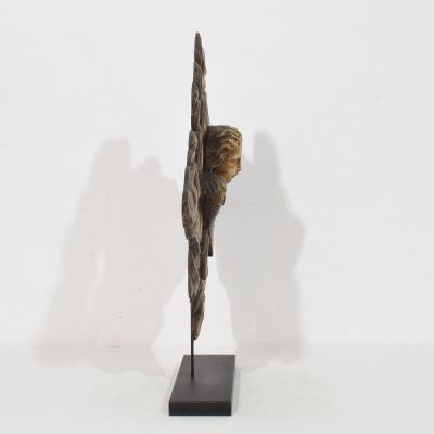 19th Century French Carved Oak Winged Angel Head in Clouds Ornament