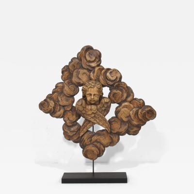 19th Century French Carved Oak Winged Angel Head in Clouds Ornament