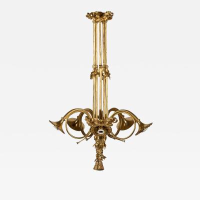 19th Century French Empire Ormolu Chandelier With Trumpet Light Fittings c 1870