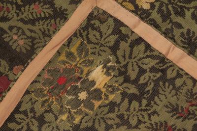 19th Century French Floral Design Green Black Pink Needlework Rug