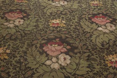 19th Century French Floral Design Green Black Pink Needlework Rug