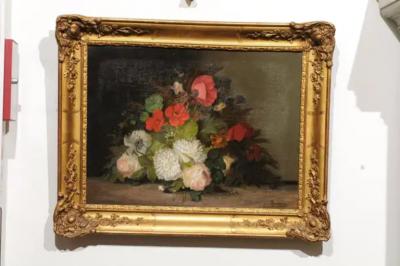 19th Century French Floral Painting Signed Philippe Rousseau in Giltwood Frame